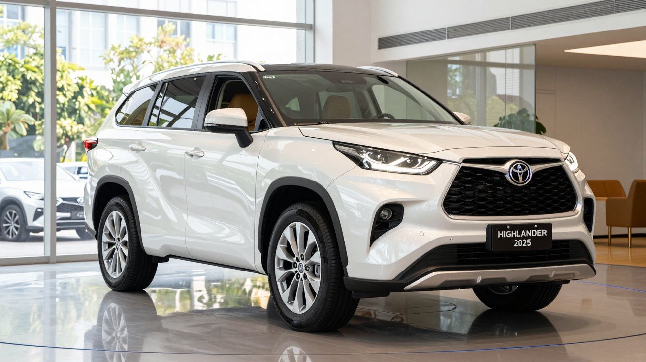 2025 white Toyota Highlander SUV displayed in a showroom with large windows and trees outside.