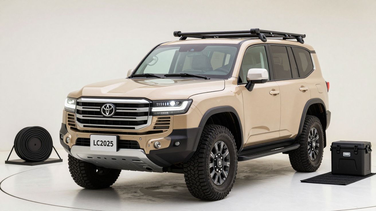 Tan SUV with roof rack displayed in a showroom, surrounded by rolled mat and black storage case.