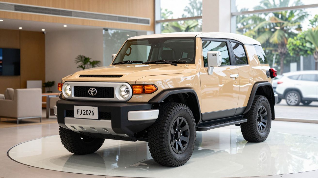 Beige Toyota SUV displayed in a showroom, featuring black trim and wheels, on a circular platform with modern decor.