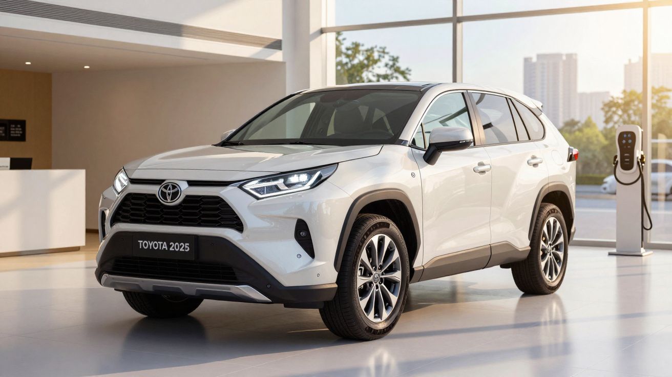 White 2025 Toyota SUV displayed indoors with a large window and cityscape view.