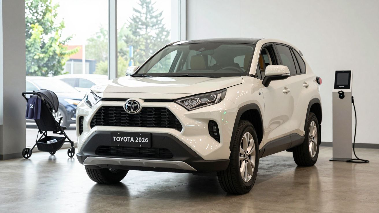 White 2026 Toyota SUV displayed in a showroom with a charging station and a stroller nearby.