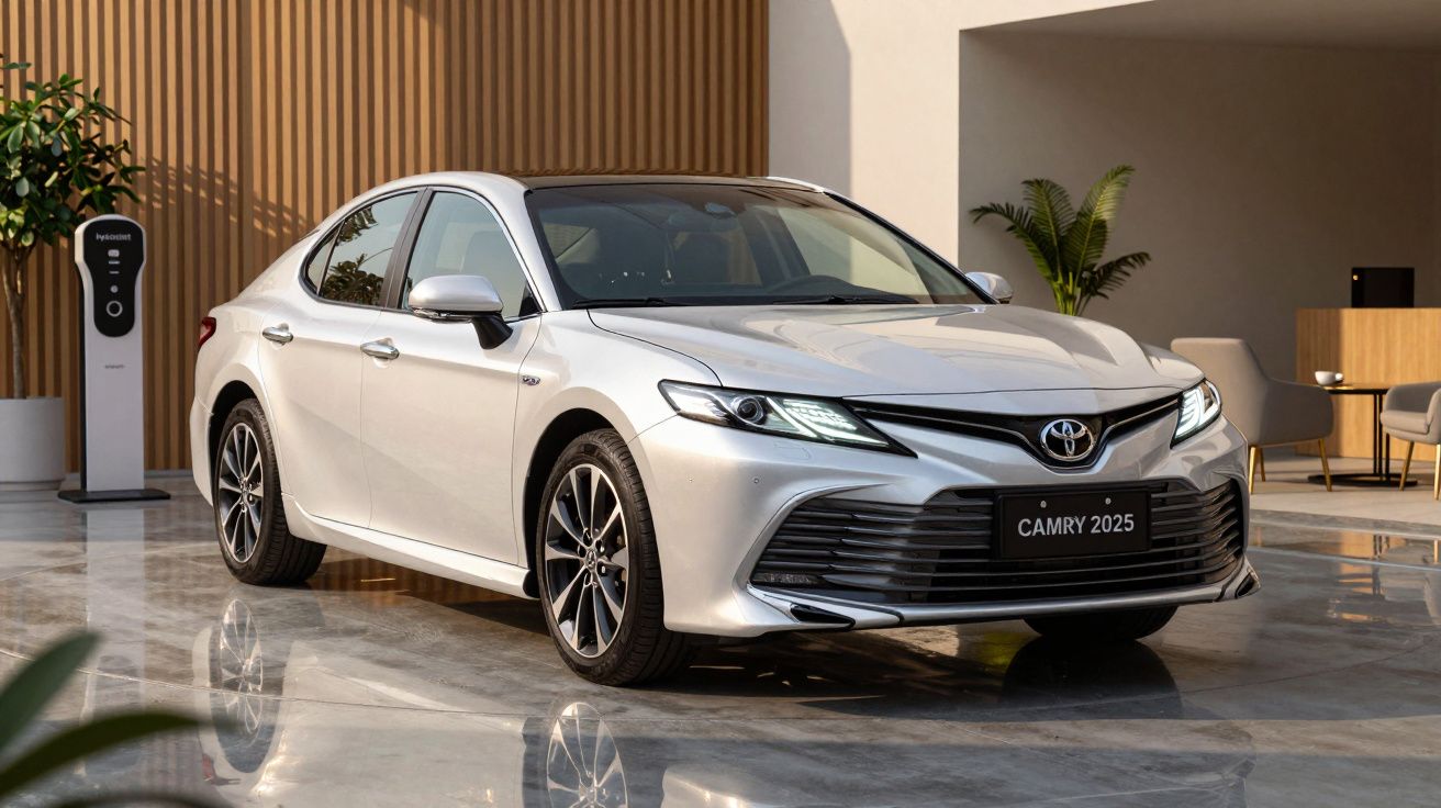 Silver 2025 Toyota Camry parked indoors with a sleek design and modern styling, near a charging station.