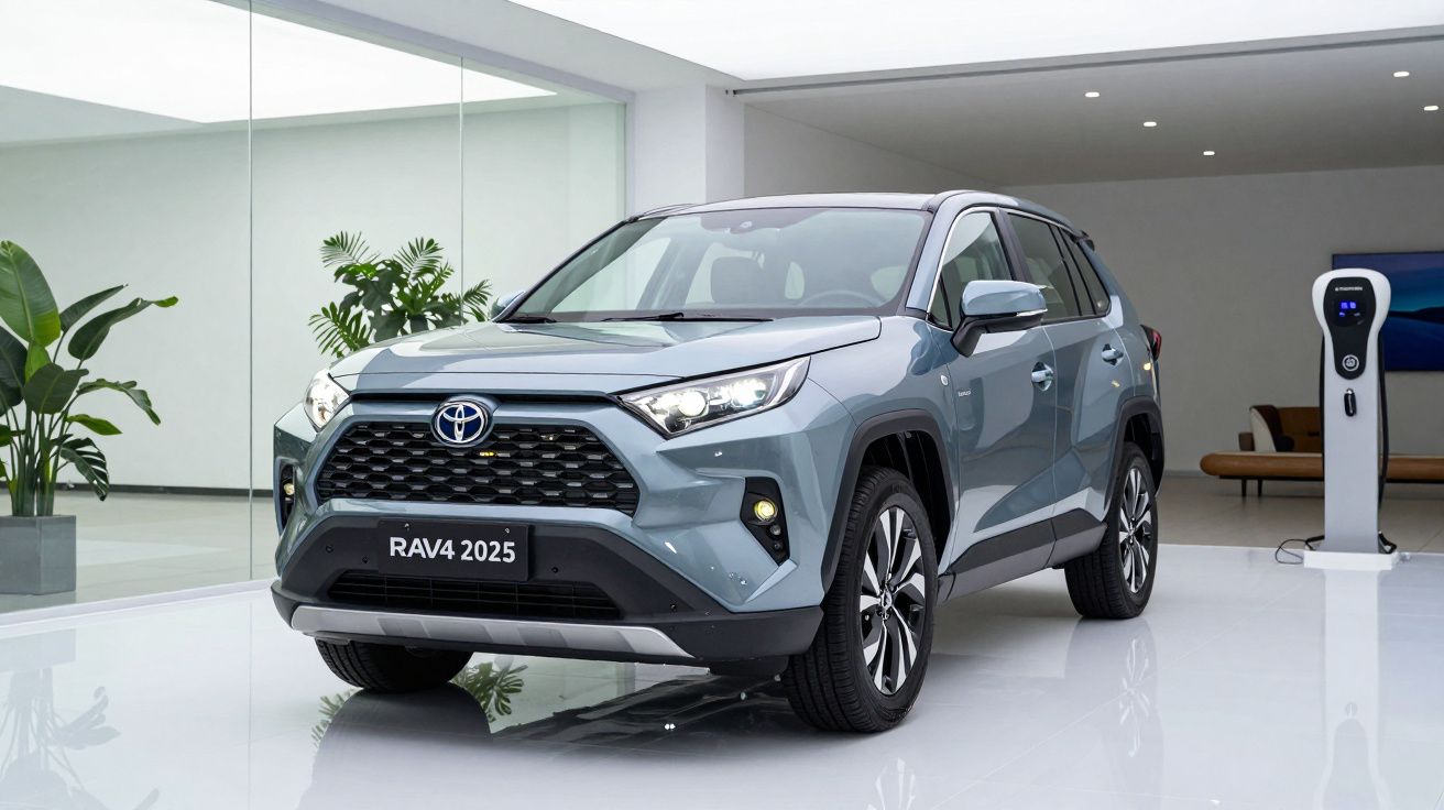 2025 blue Toyota RAV4 parked indoors near a charging station, surrounded by modern interior and greenery.
