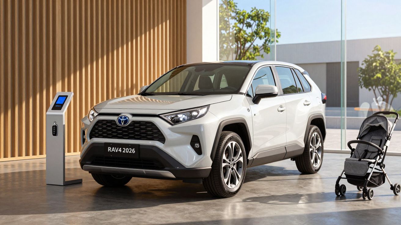White SUV parked indoors next to a charging station, with a stroller nearby.