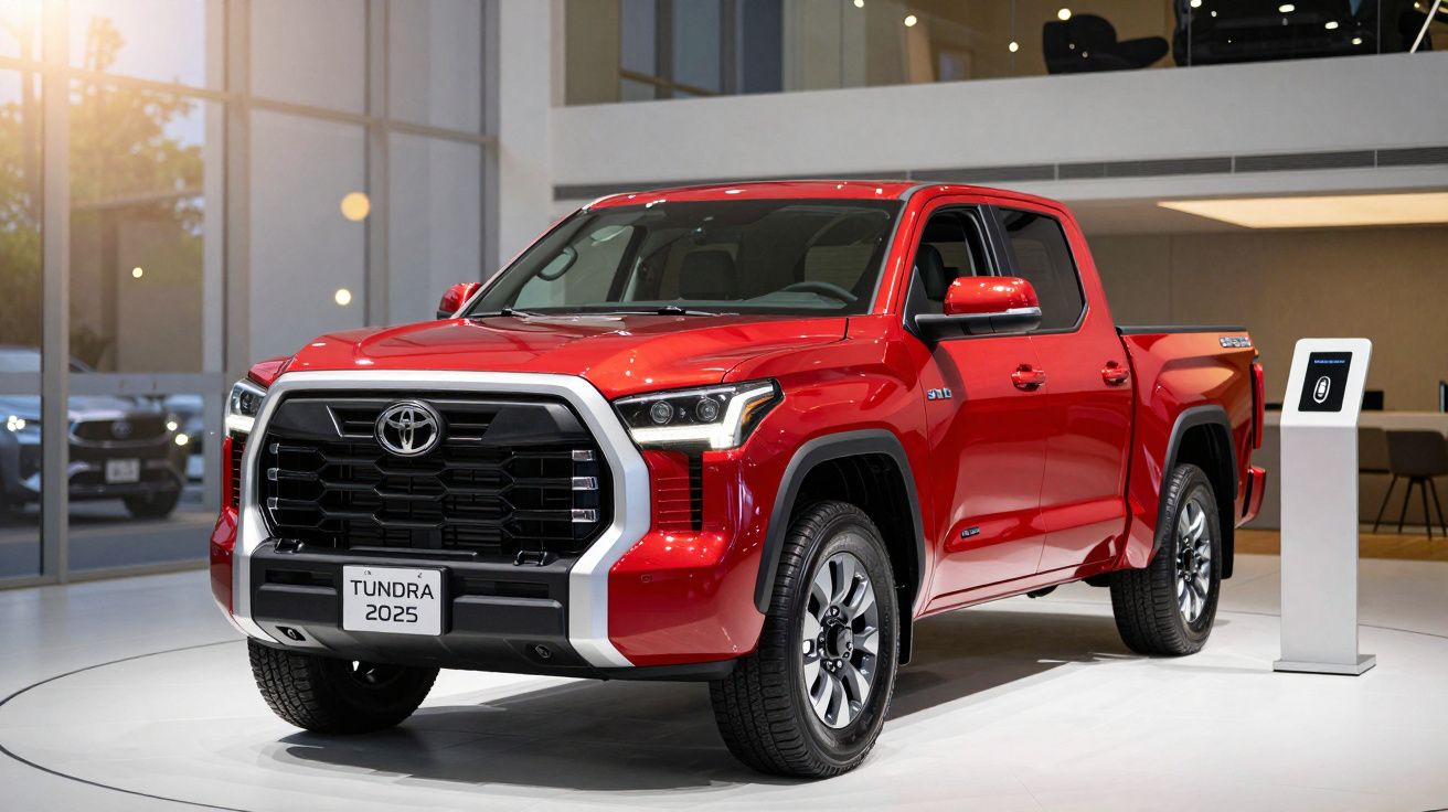 Red 2025 Toyota Tundra displayed in a showroom with glass windows and modern decor.
