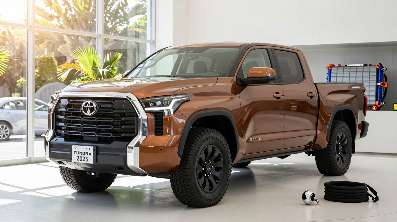 Bronze 2025 Toyota Tundra pickup truck displayed in a bright showroom with large windows and greenery outside.