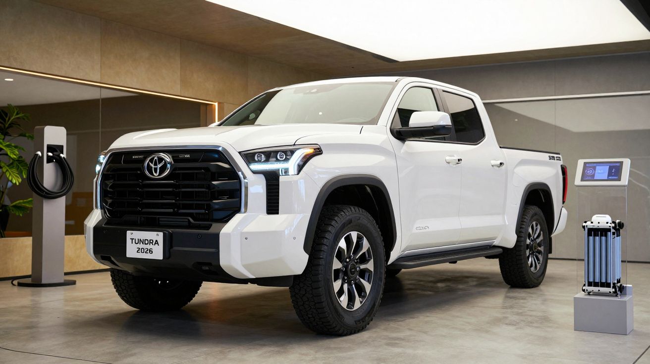 White Toyota Tundra 2026 parked indoors, with charging station and digital display nearby.