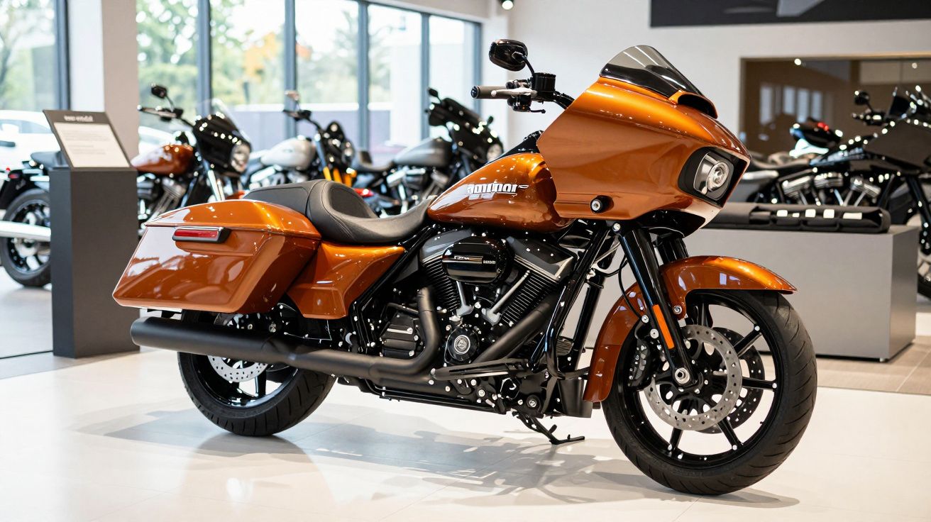Orange touring motorcycle on display in a showroom with other bikes in the background.