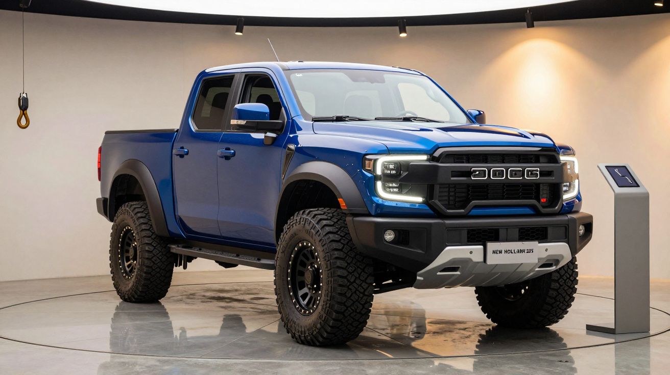 Blue pickup truck with off-road tires displayed in a showroom with white walls and soft lighting.