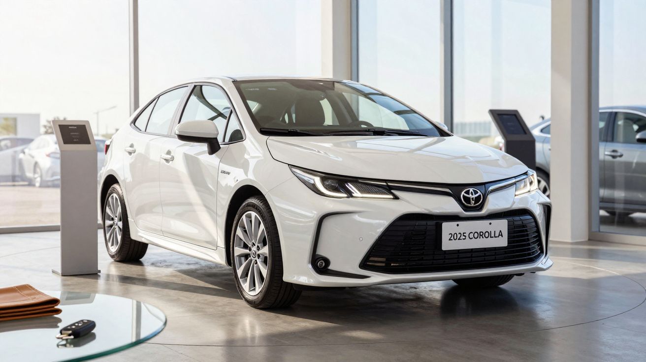 2025 Toyota Corolla in showroom, white sedan with sleek design, on display under bright natural light.