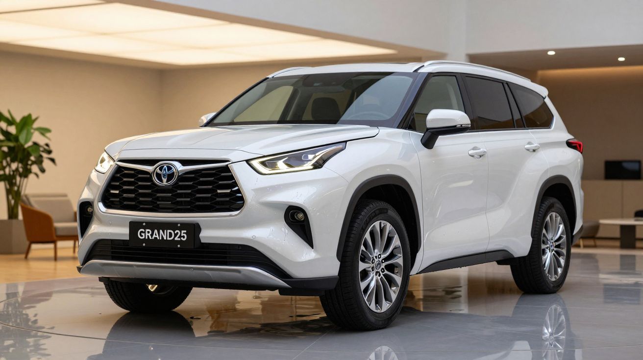 White SUV on glossy showroom floor with modern interior and bright lighting.