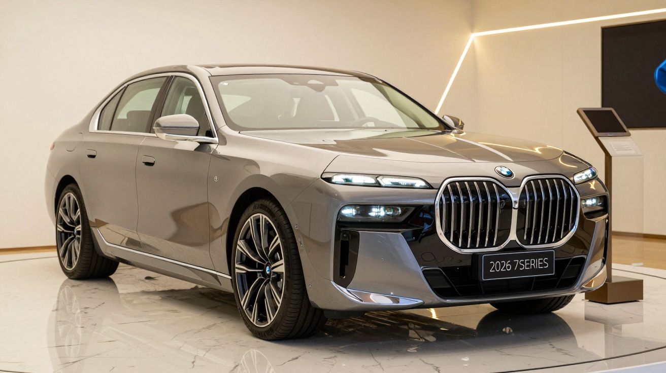 2026 BMW 7 Series sedan in a showroom, metallic gray finish, with sleek design and distinctive grille under bright lighting.