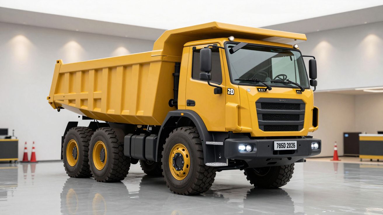 Yellow dump truck in a spacious indoor garage with polished concrete floor.