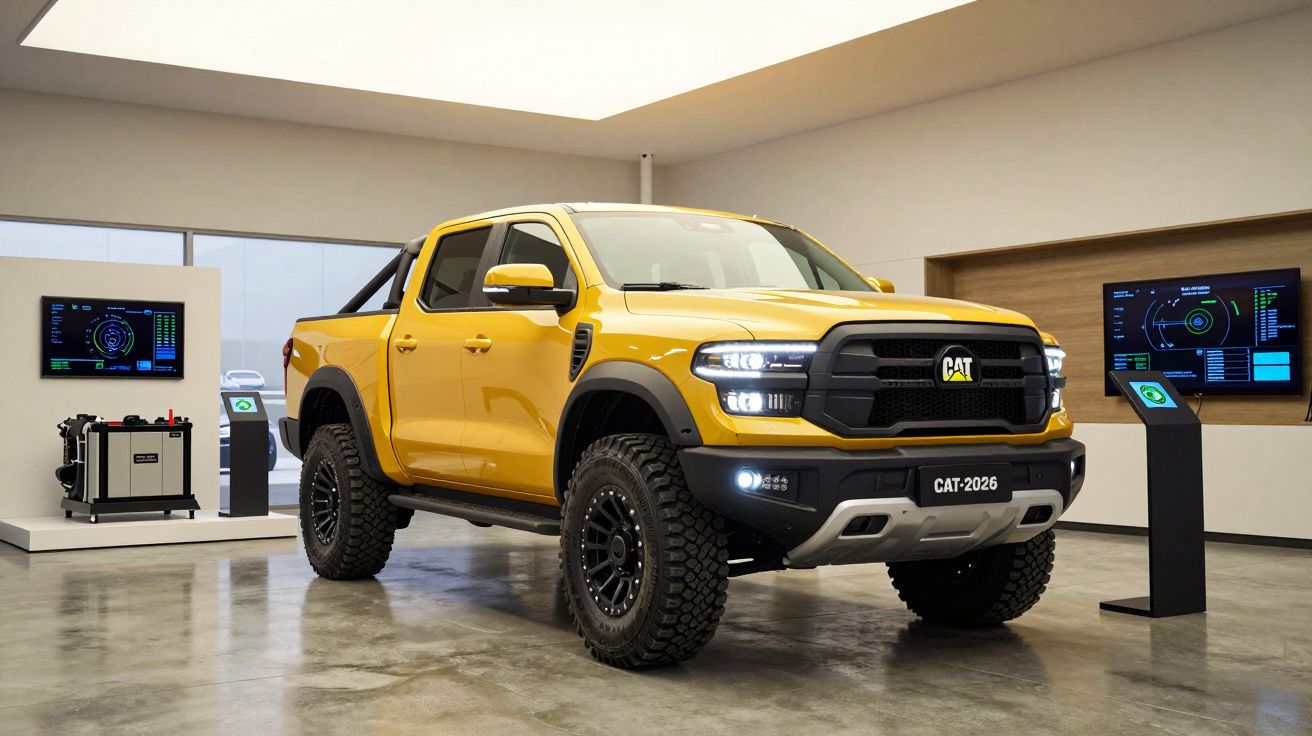 Yellow CAT-2026 concept pickup truck displayed in a modern showroom with digital screens.
