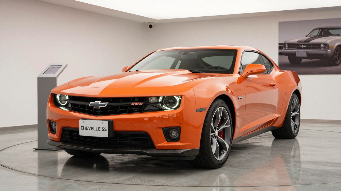 Orange Chevrolet Chevelle SS car displayed in a showroom with a vintage car photo on the wall.