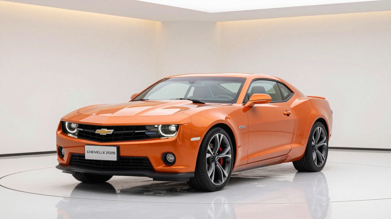 Orange Chevrolet Camaro displayed in a white showroom.