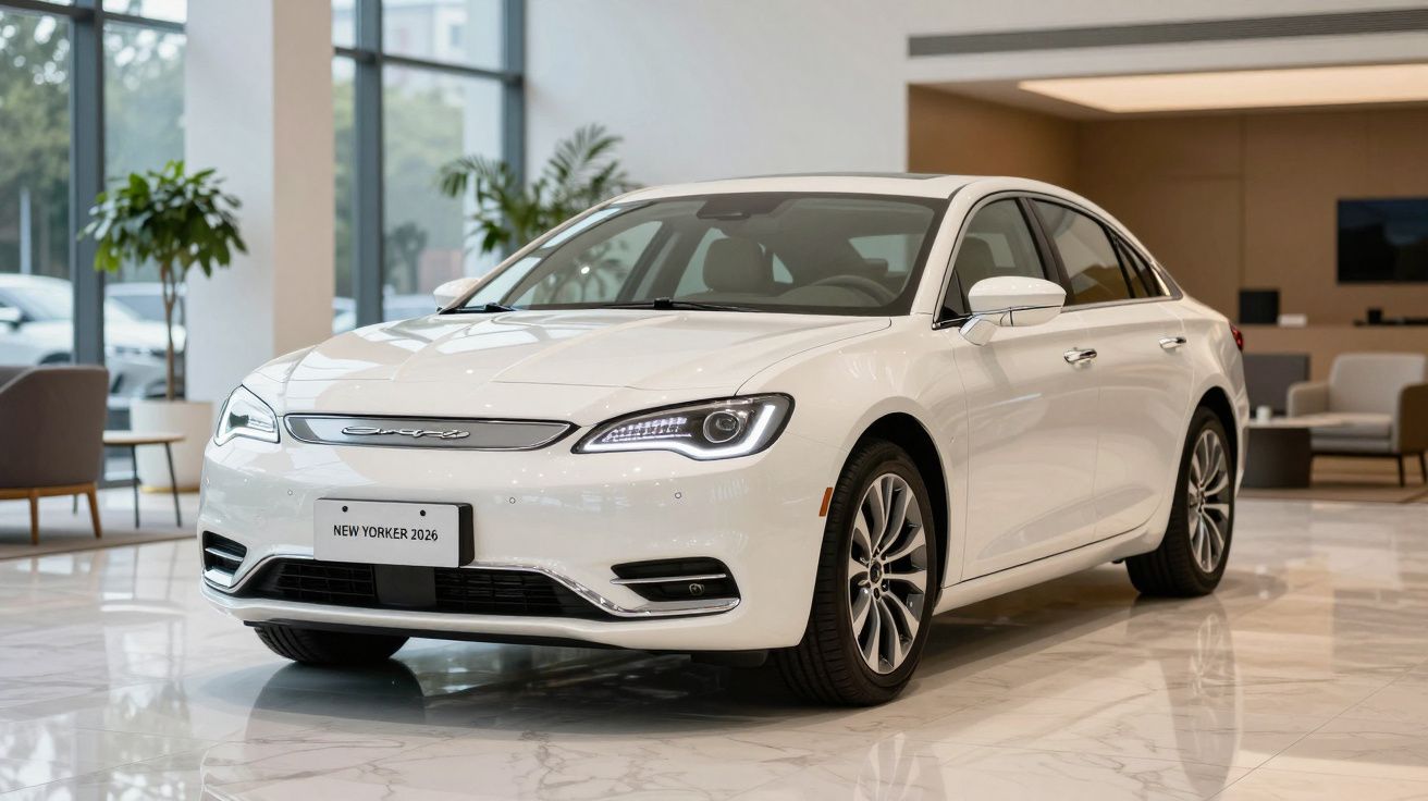 White sedan parked in a modern showroom with large windows and glossy floor.