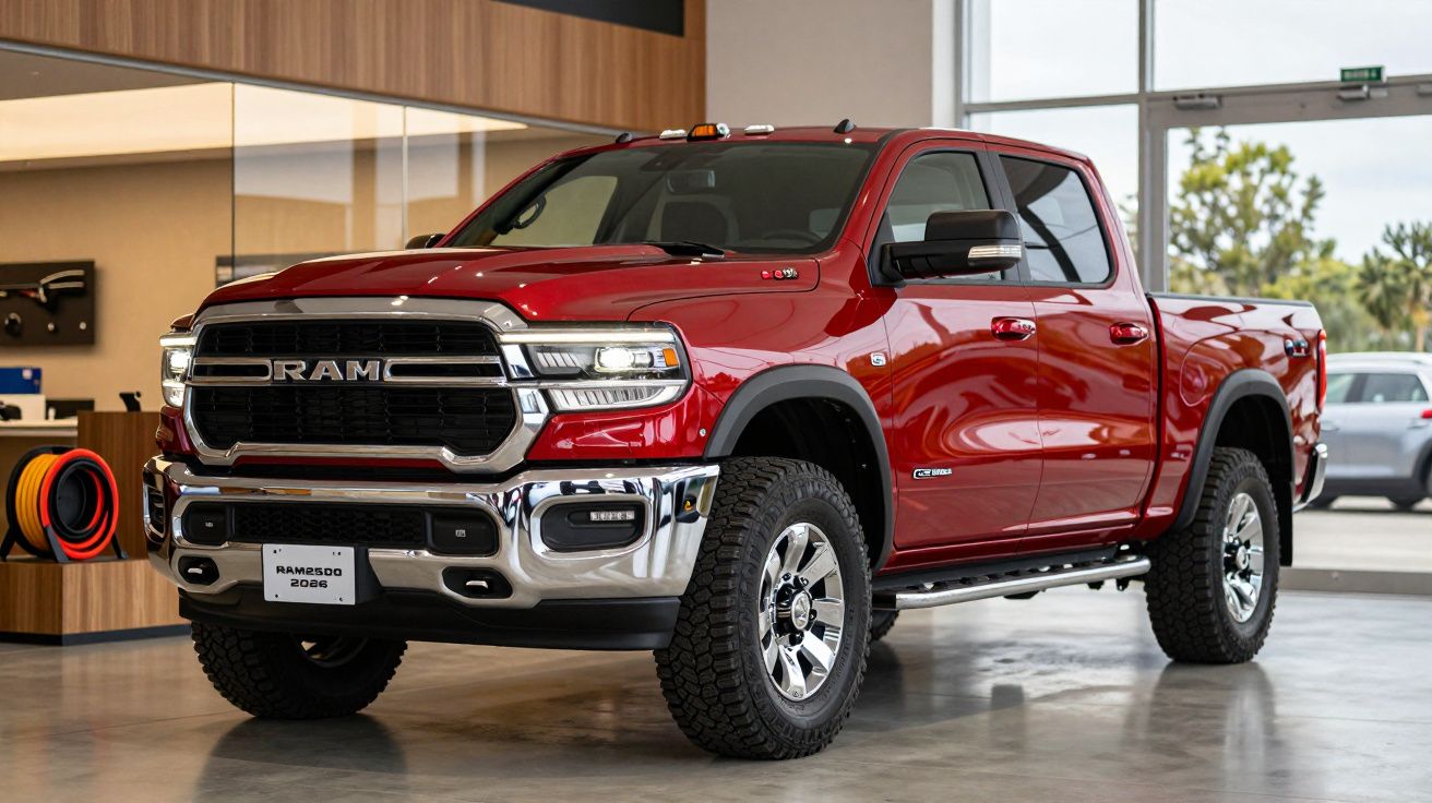 Red RAM 2500 pickup truck displayed in a showroom with large tires and chrome accents.