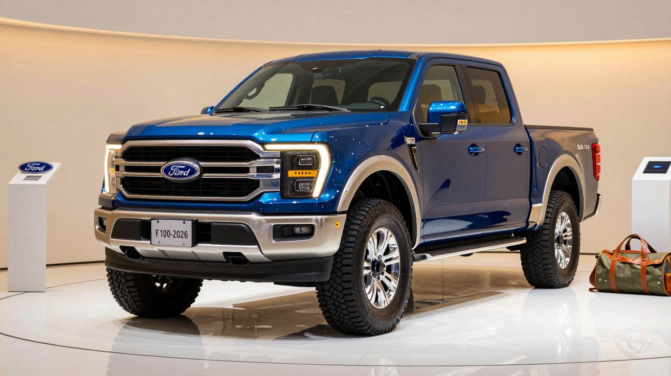 A blue Ford F-150 pickup truck displayed on a showroom floor.