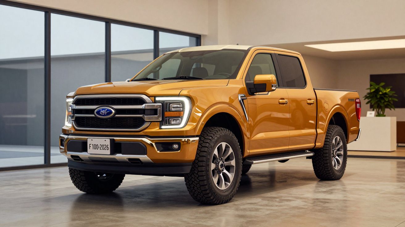 Gold pickup truck in a modern indoor showroom with large windows.