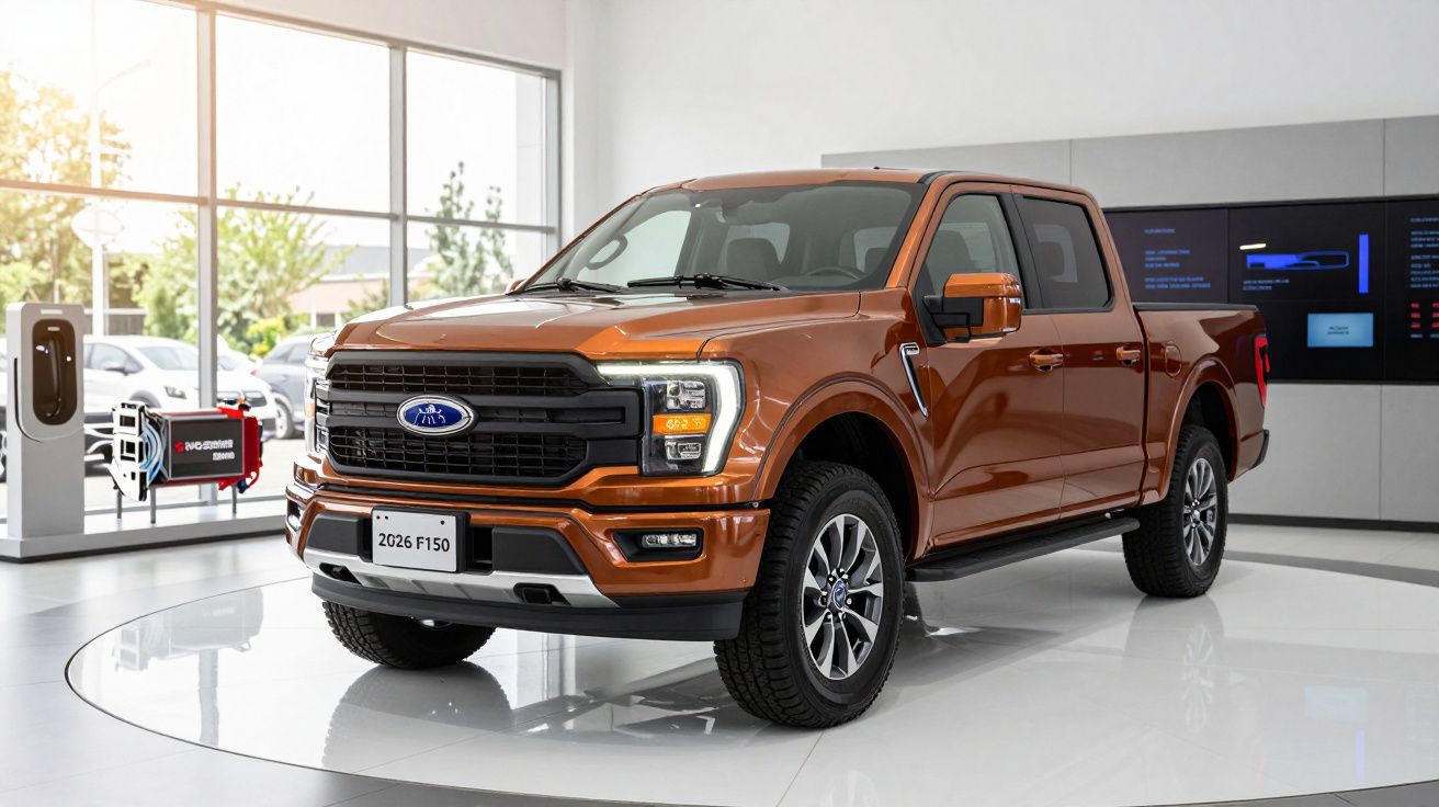 A brown 2026 Ford F-150 pickup truck displayed indoors with large windows and modern decor.