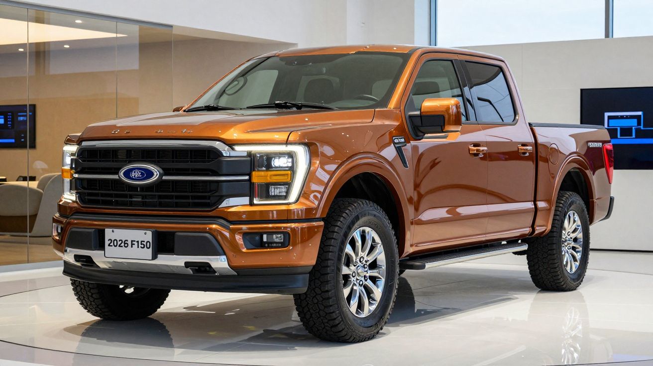 Bronze Ford F-150 truck displayed in a showroom with a "2026 F150" license plate.
