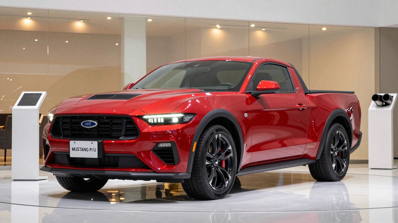 Red Ford Mustang pickup truck displayed in a modern showroom.
