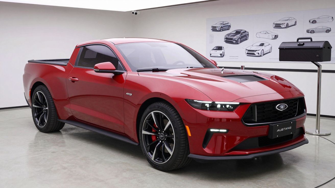 Red pickup truck with sleek design and sporty features in a showroom with car sketches on the wall.