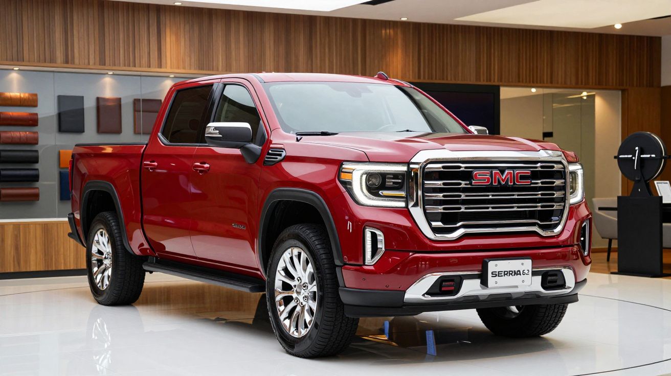 Red GMC pickup truck displayed indoors with sleek design and shiny alloy wheels.