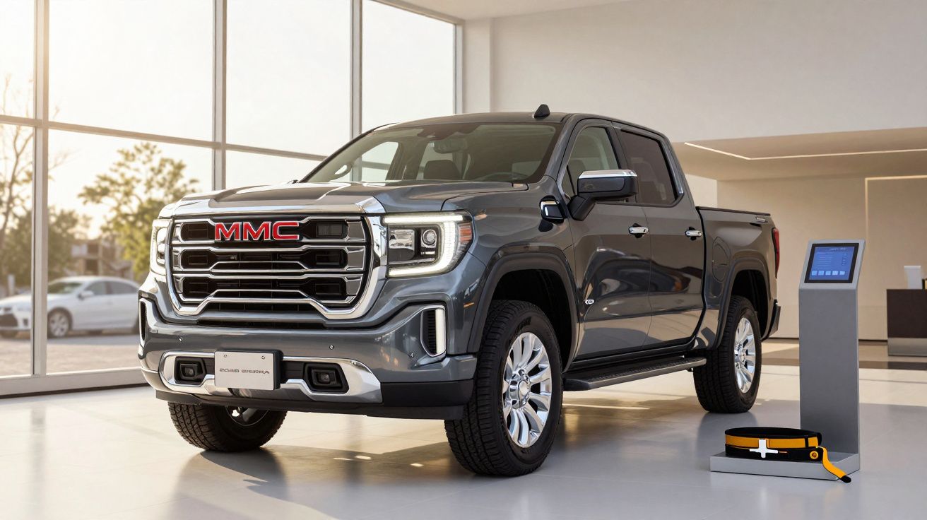 Gray pickup truck with red MMC logo displayed in a bright showroom with large windows.