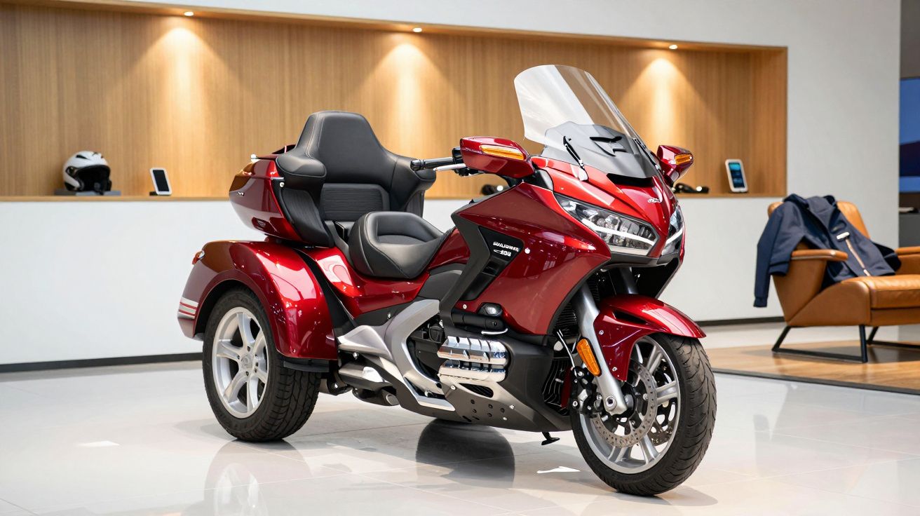 Red motorcycle trike with windshield and comfortable seating displayed indoors on a polished floor.