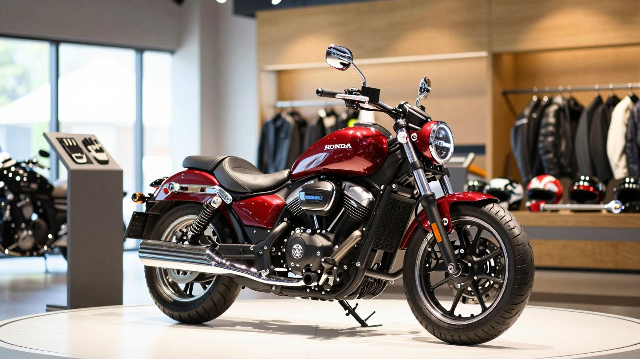 Red motorcycle displayed in a showroom with shelves of jackets and helmets in the background.