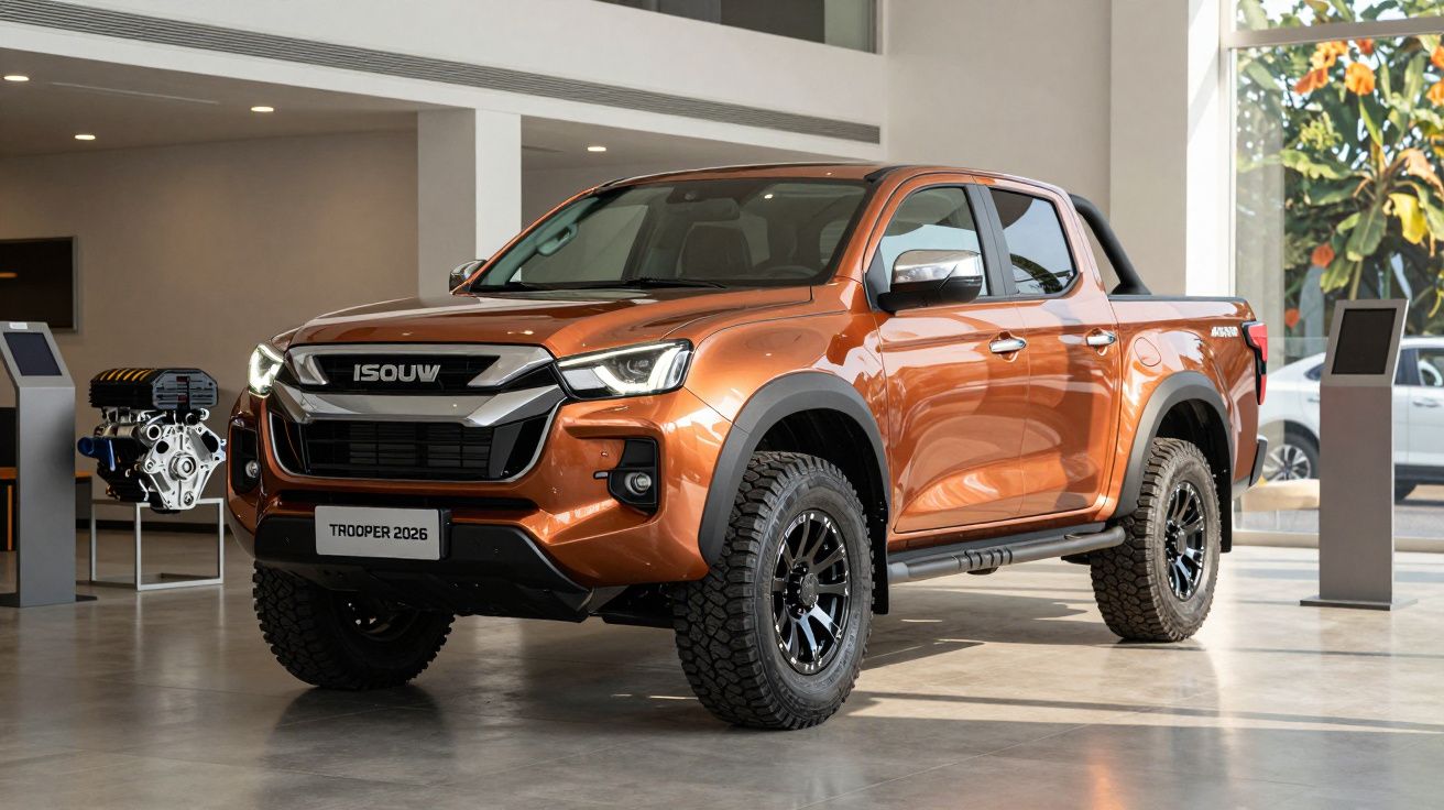 Orange pickup truck displayed in a showroom with modern design elements and rugged tires.