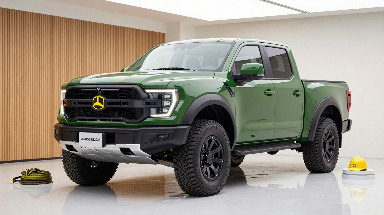 Green pickup truck with a modified front grille and black wheels, parked indoors near coiled hose and hard hat.