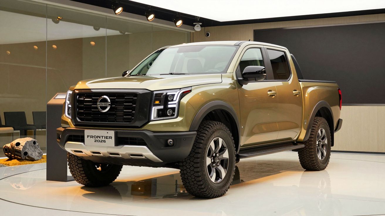2026 gold pickup truck on display in a showroom with a modern design and rugged tires.