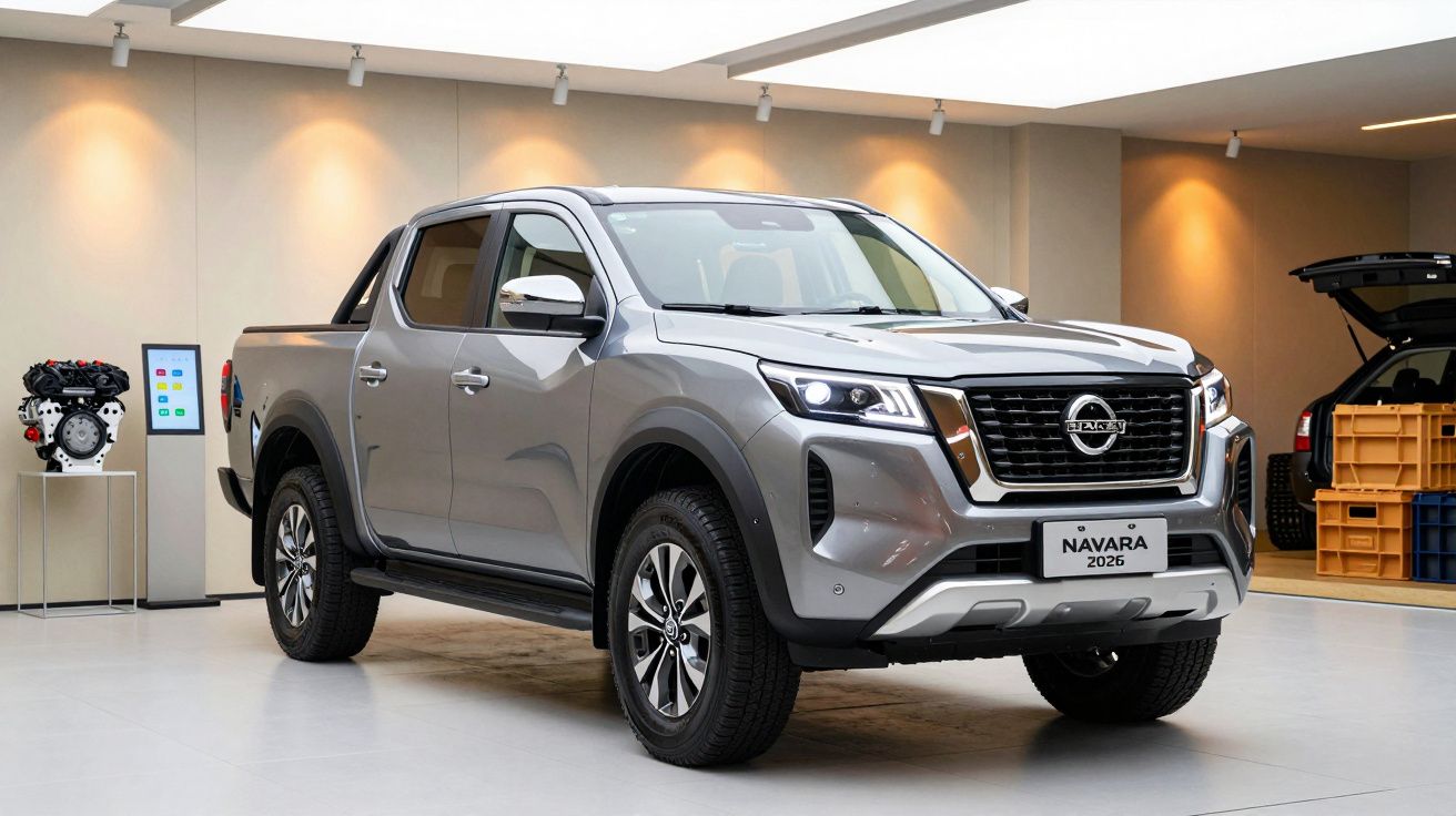 Silver pickup truck on showroom floor, with modern interior and equipment displayed nearby.
