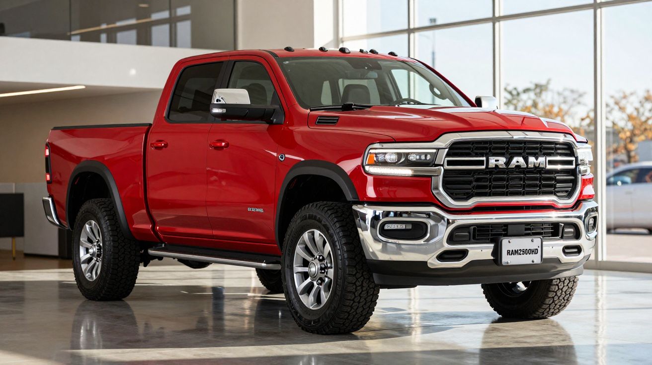 Red RAM 2500 truck parked indoors with sunlight through windows, showcasing rugged design and chrome accents.
