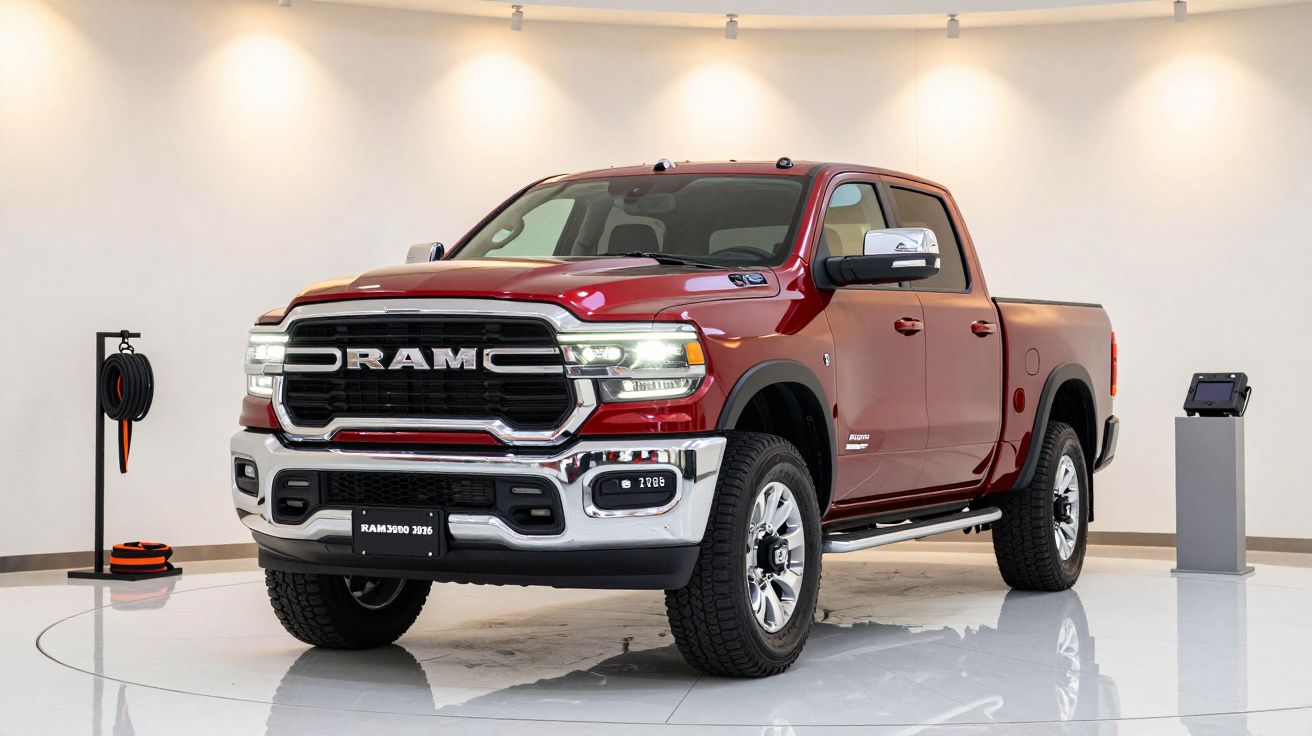 Red Ram 2500 pickup truck displayed indoors, under bright lights, with shiny chrome accents and large tires.
