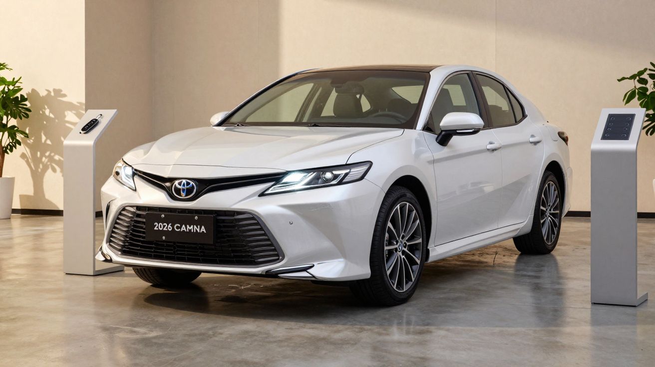 2025 Toyota Camry in a showroom with modern lighting and display stands.