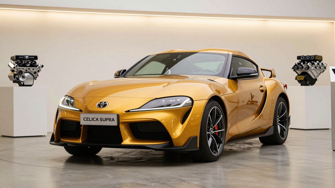 Gold Toyota Celica Supra in a showroom with displayed car engines in the background.