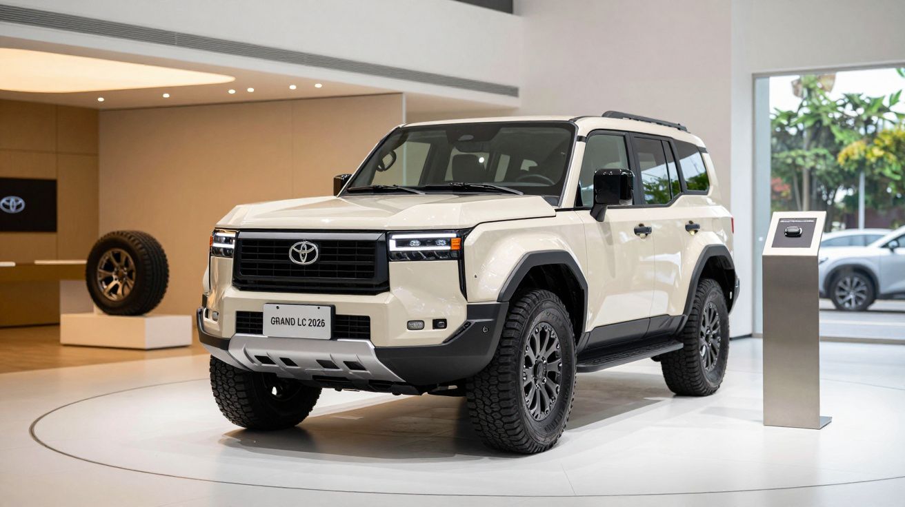 Cream-colored SUV displayed in a showroom with a digital kiosk and spare tire in the background.