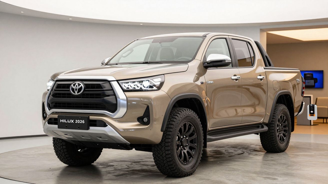 Tan Toyota Hilux 2026 pickup truck in a showroom setting.