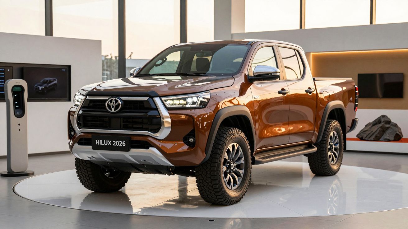 2026 bronze Toyota Hilux pickup truck displayed on a circular platform in a modern showroom.