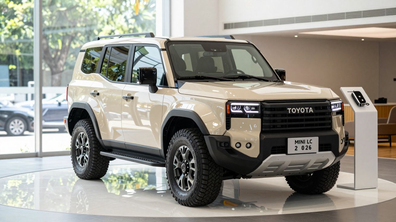 Beige Toyota SUV displayed indoors on a circular platform next to an interactive kiosk.