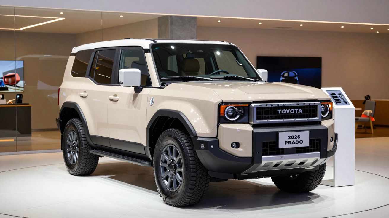 Beige 2026 Toyota Prado SUV displayed in a modern showroom, featuring rugged design with black trim and alloy wheels.