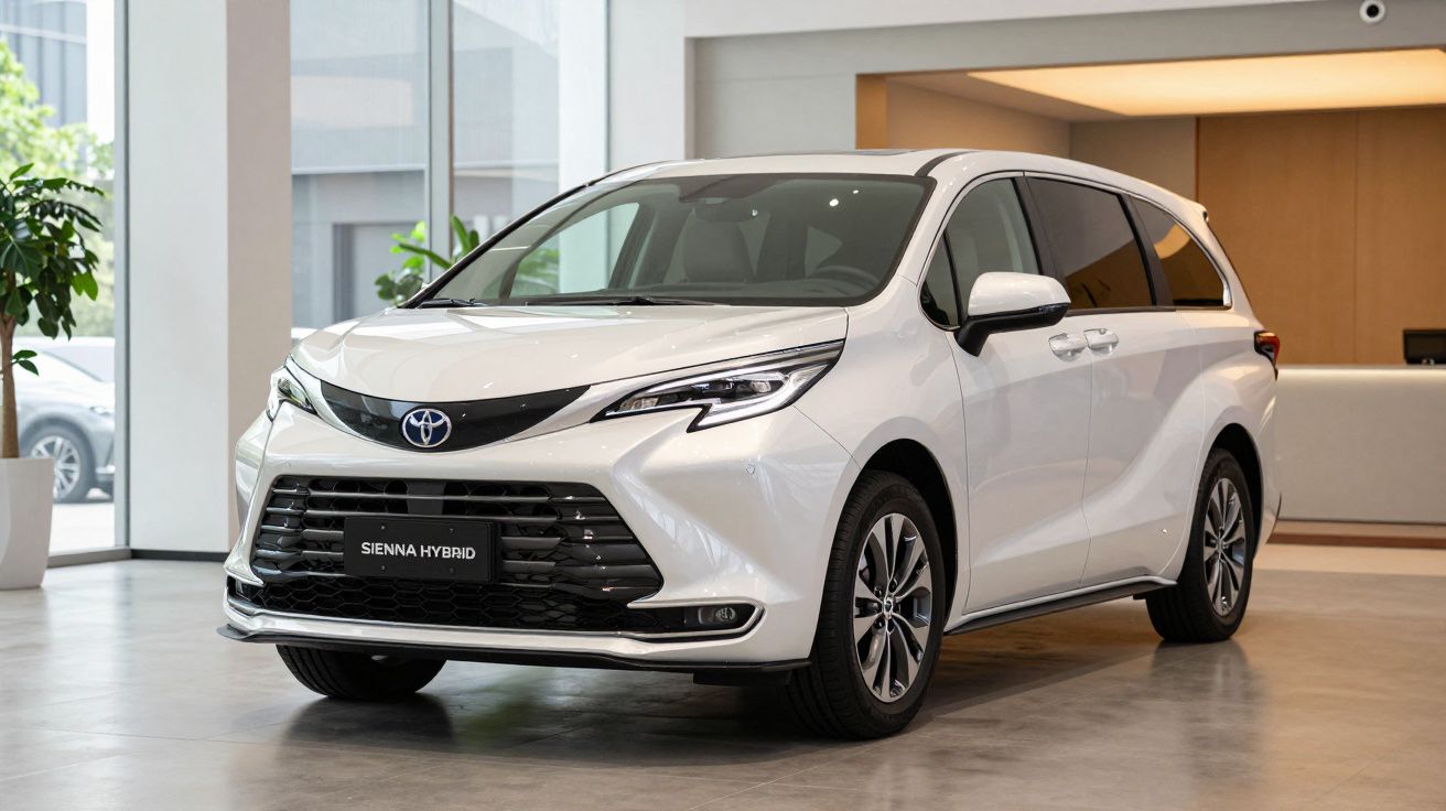 White Toyota Sienna Hybrid minivan displayed in a modern showroom.