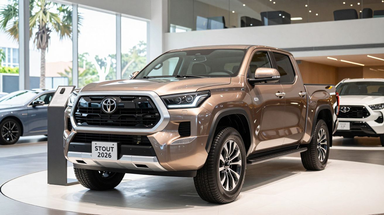 Tan Toyota pickup truck displayed in a showroom with large windows and other cars in the background.