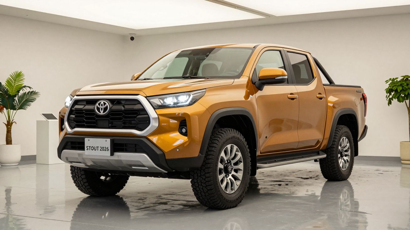 Orange Toyota pickup truck in a bright showroom, viewed from the front left side.
