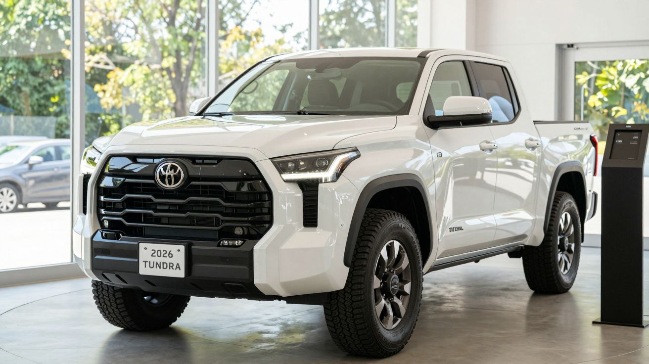 White 2026 Toyota Tundra truck displayed indoors with large front grille and modern headlights.
