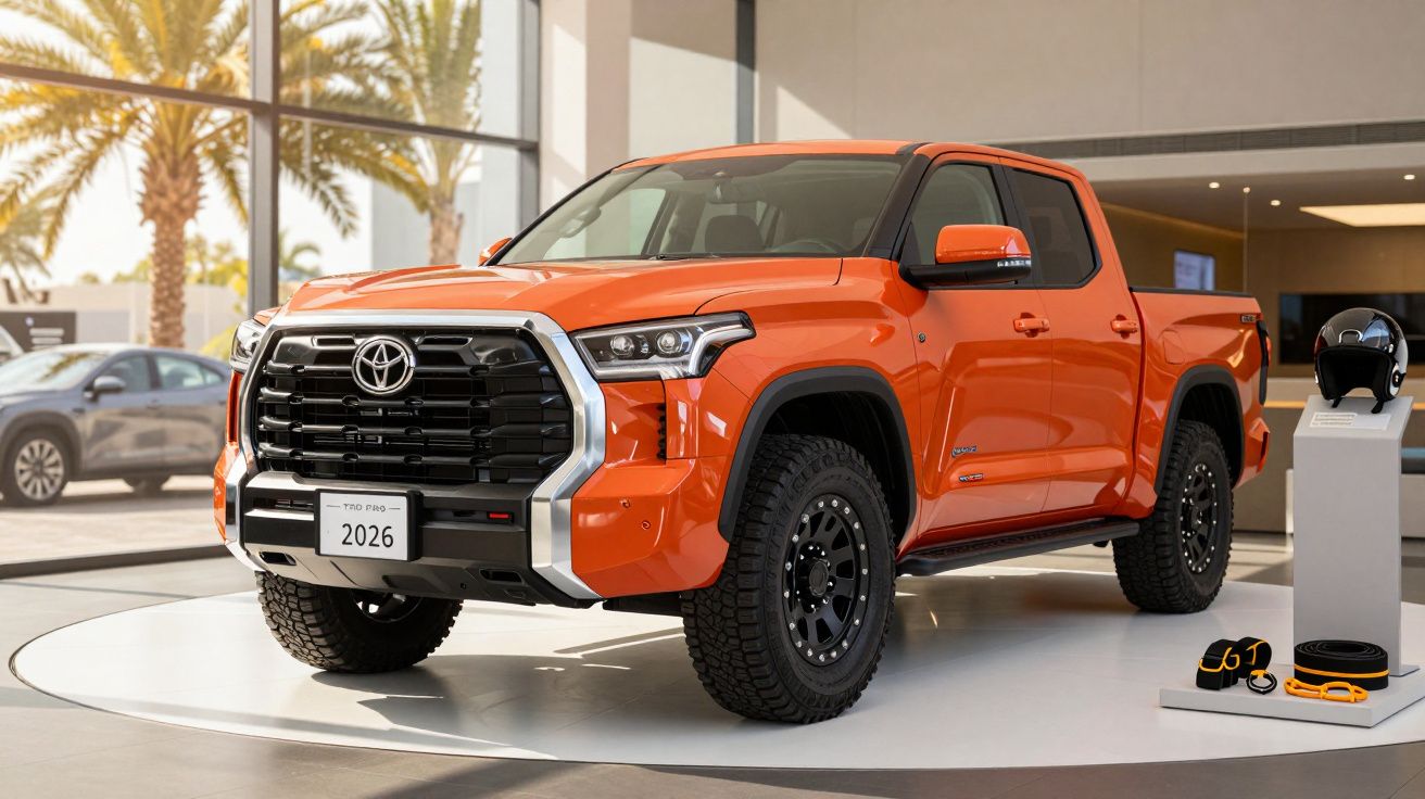 Orange Toyota pickup truck displayed indoors with palm trees visible in the background.